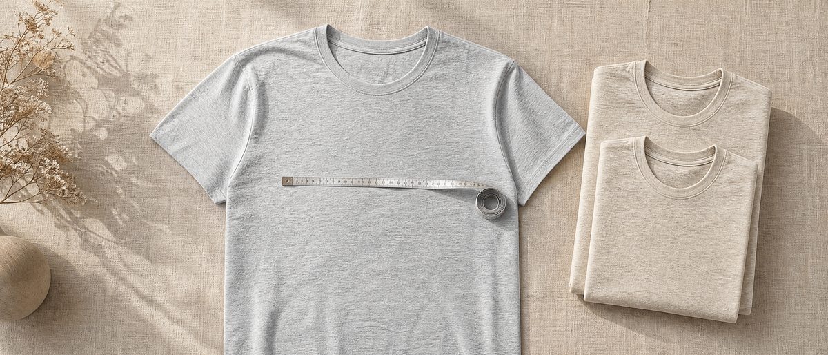 Flat lay of t-shirts in different sizes with a measuring tape across the chest
