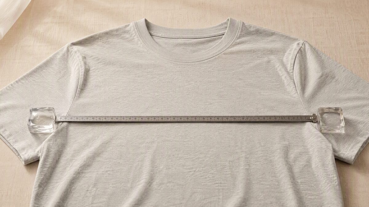 Measuring tape placed across the chest of a flat-lay t-shirt