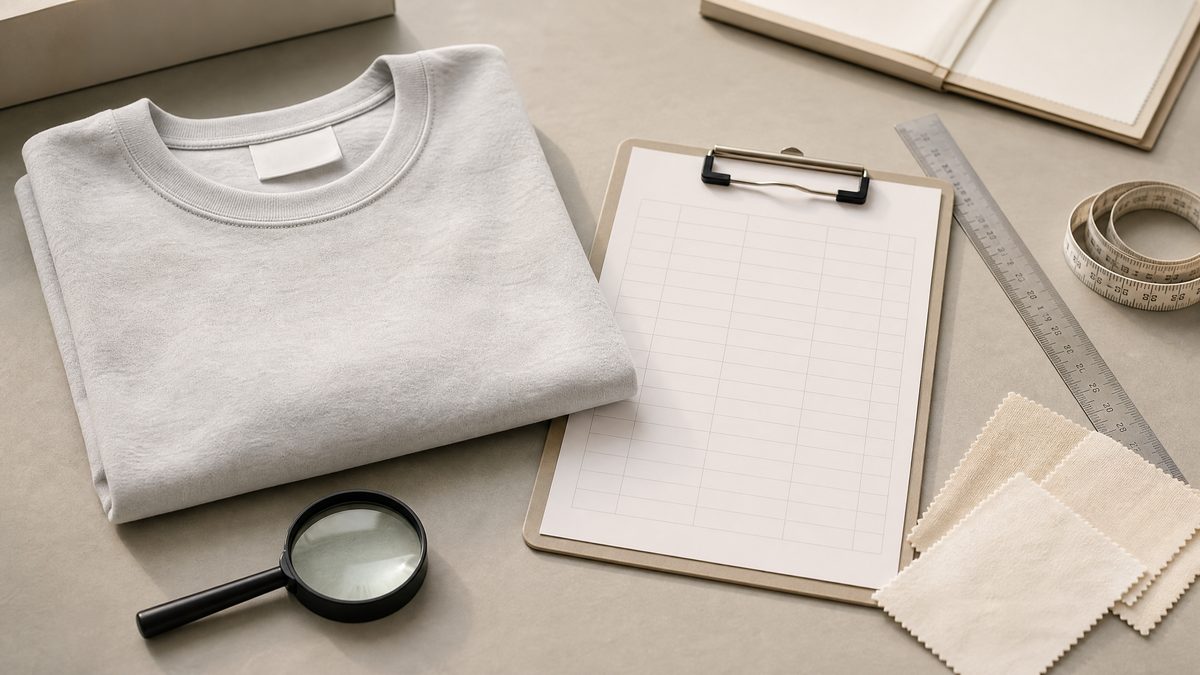 T-shirt flat-lay on an inspection table with a ruler and blank check record sheet