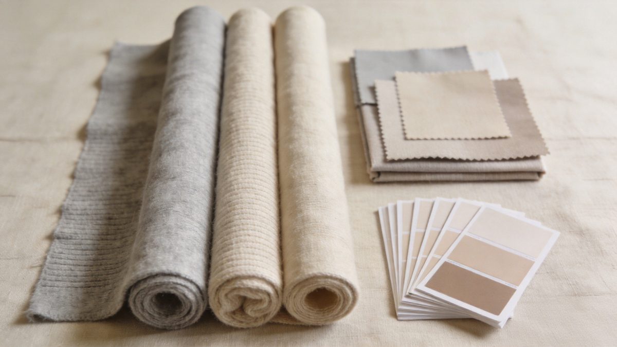 Rolls of grey and beige knit fabric with neatly stacked fabric swatches