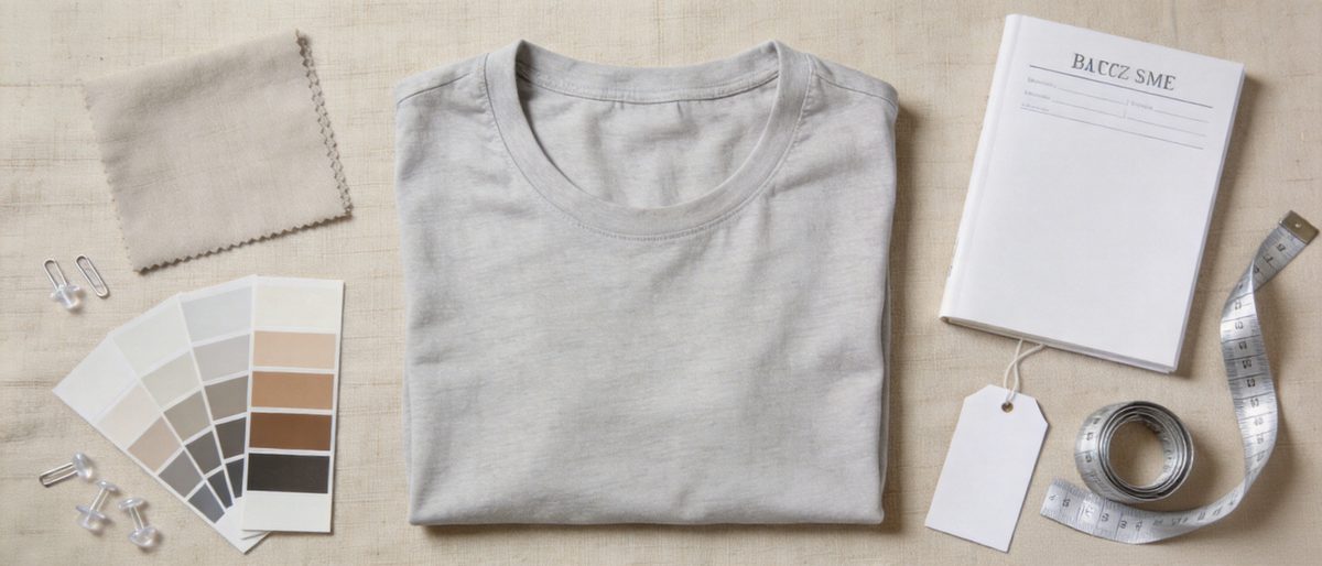 Flat lay of a grey t-shirt sample with a blank tech pack, fabric swatches and measuring tape