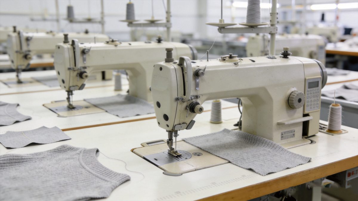 Clean sewing line with sewing machines and grey knit fabric pieces