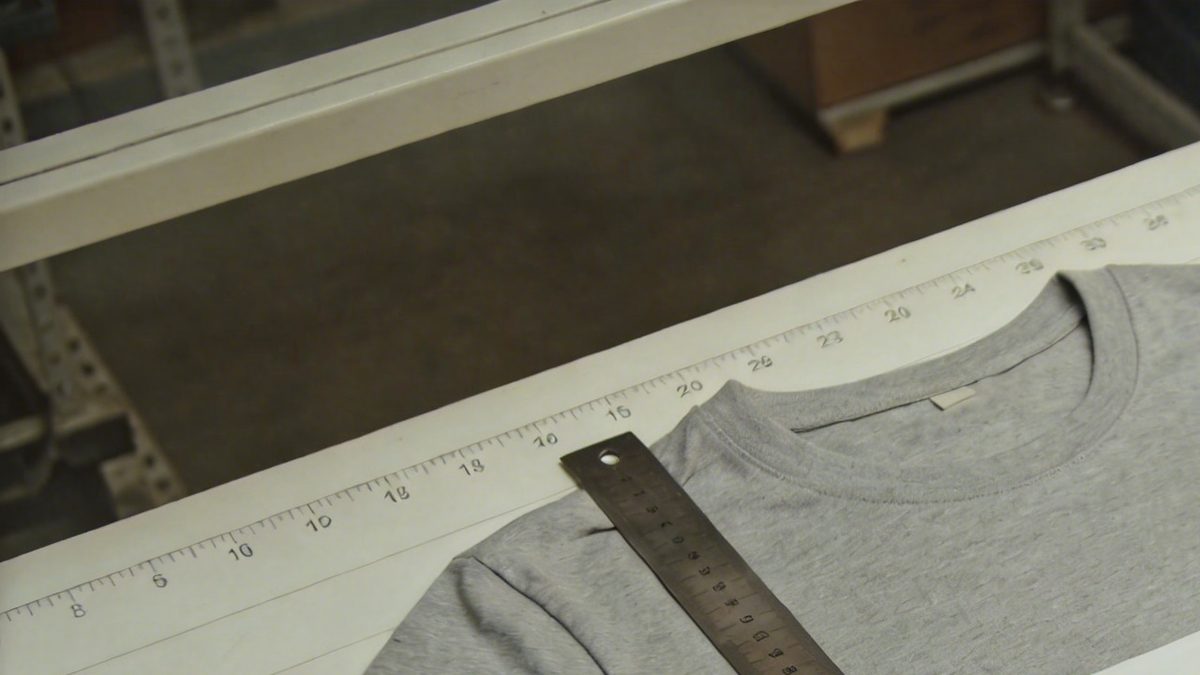 Grey t-shirt on an inspection table with ruler, tape measure and blank check sheet
