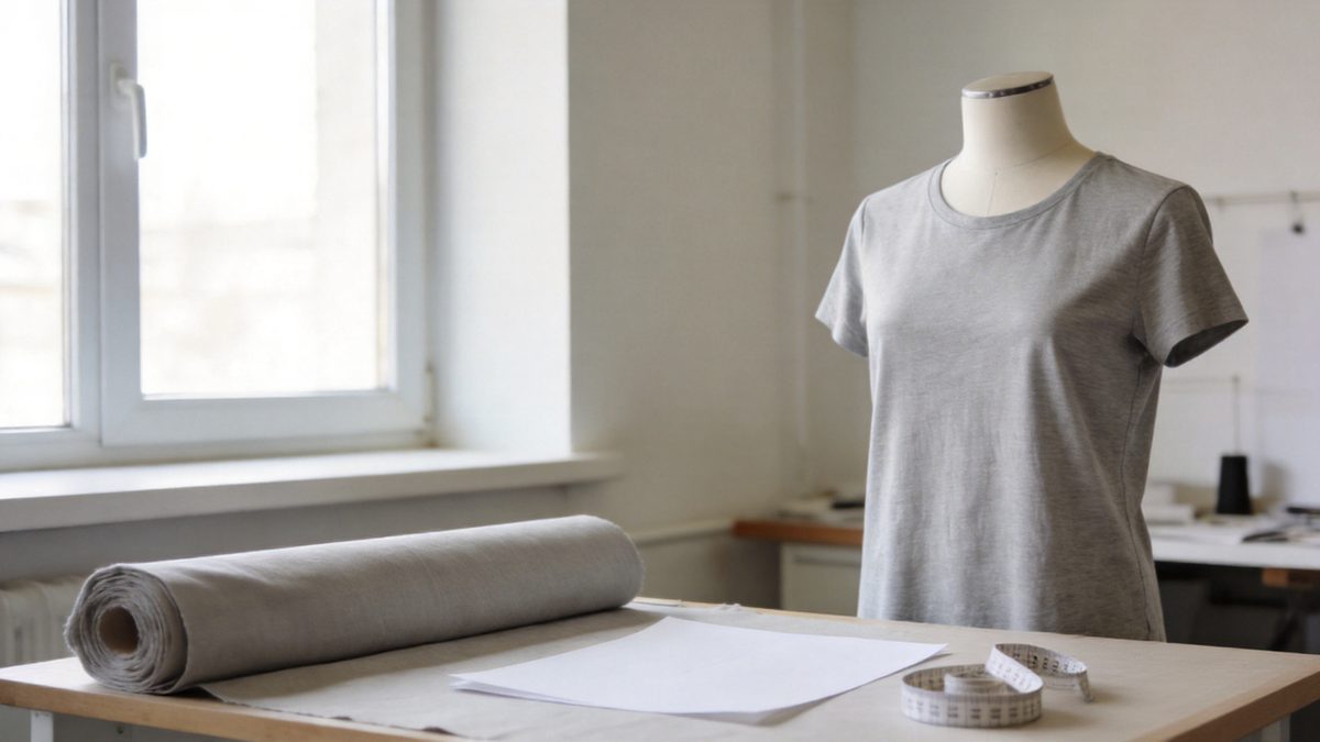 Grey t-shirt proto sample on a dress form beside a fabric roll and blank papers