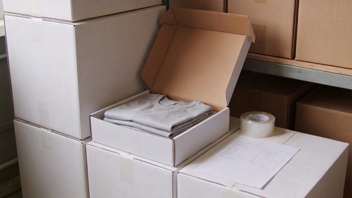 Stacked shipping cartons with a folded grey t-shirt and blank delivery label