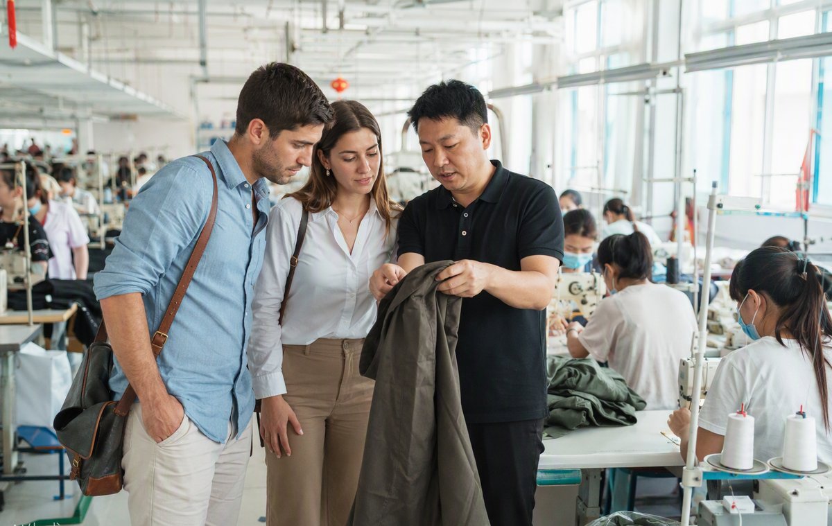 Client touring the sewing floor with a GoVoloom production manager