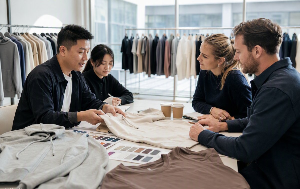 GoVoloom team reviewing garment samples with an overseas client over coffee
