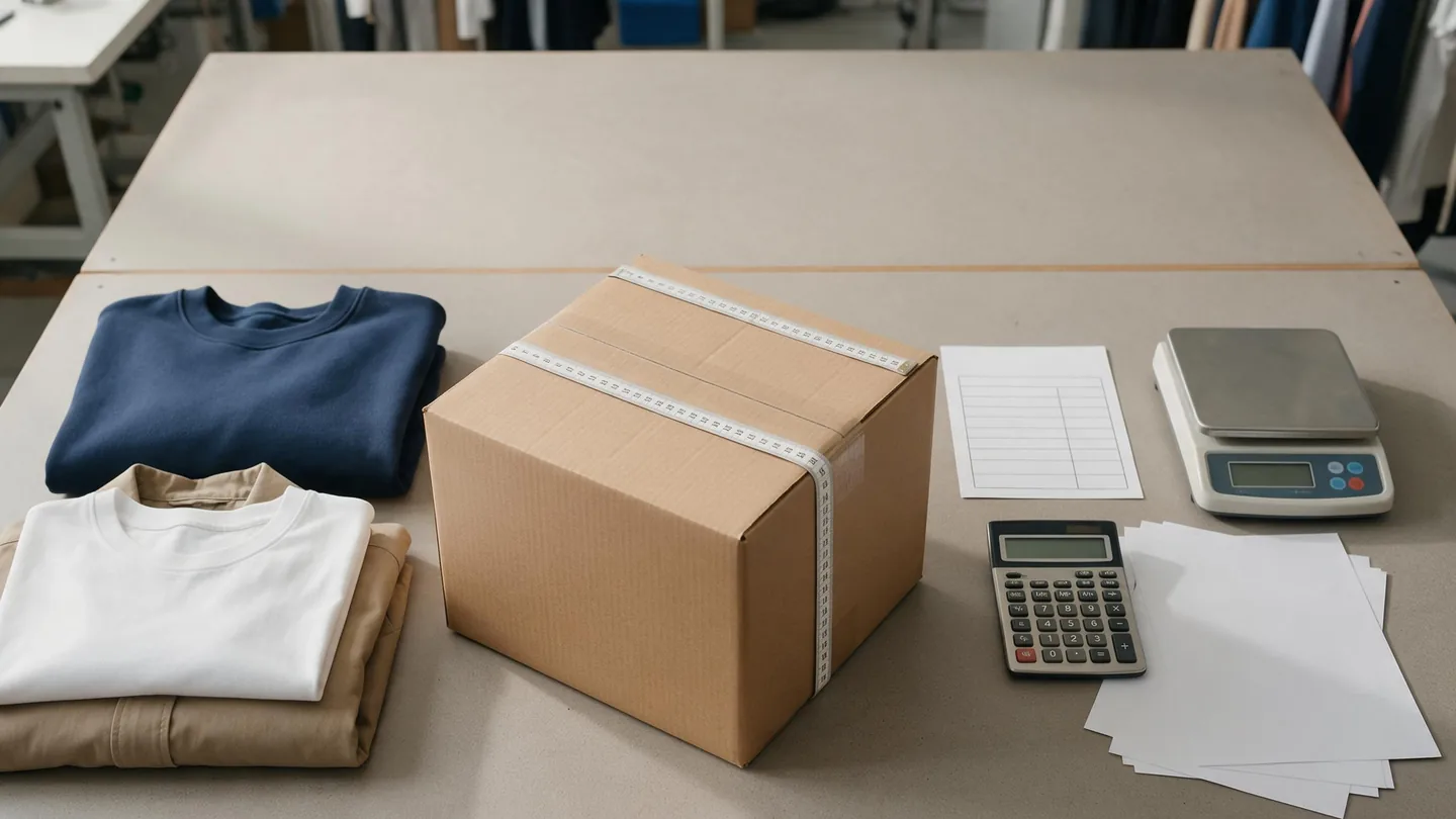 Vermessung eines Bekleidungskartons neben gefalteten Kleidungsstücken, Waage und Taschenrechner