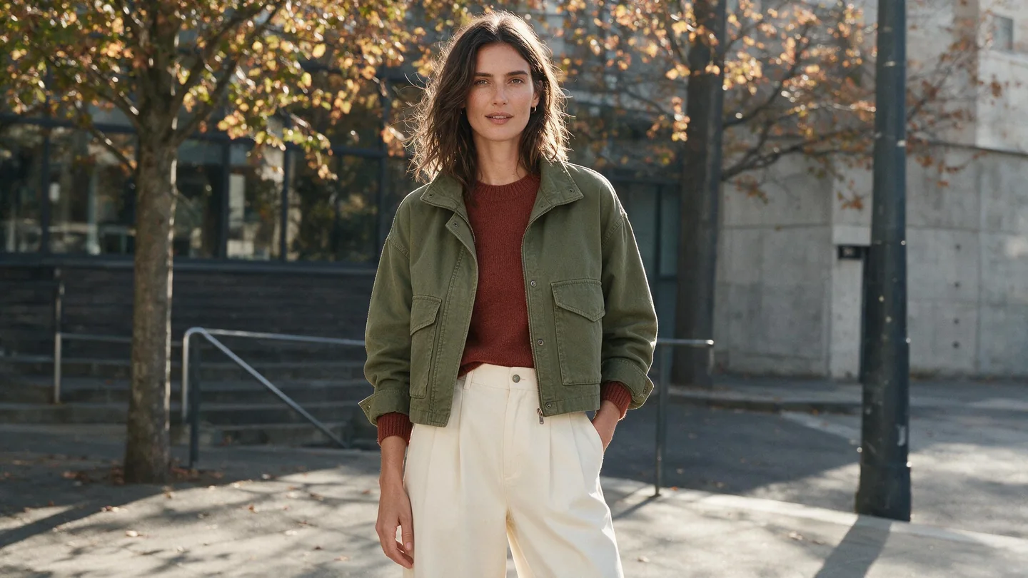 Autumn outfit concept with an olive utility jacket, rust knit sweater and cream wide-leg trousers
