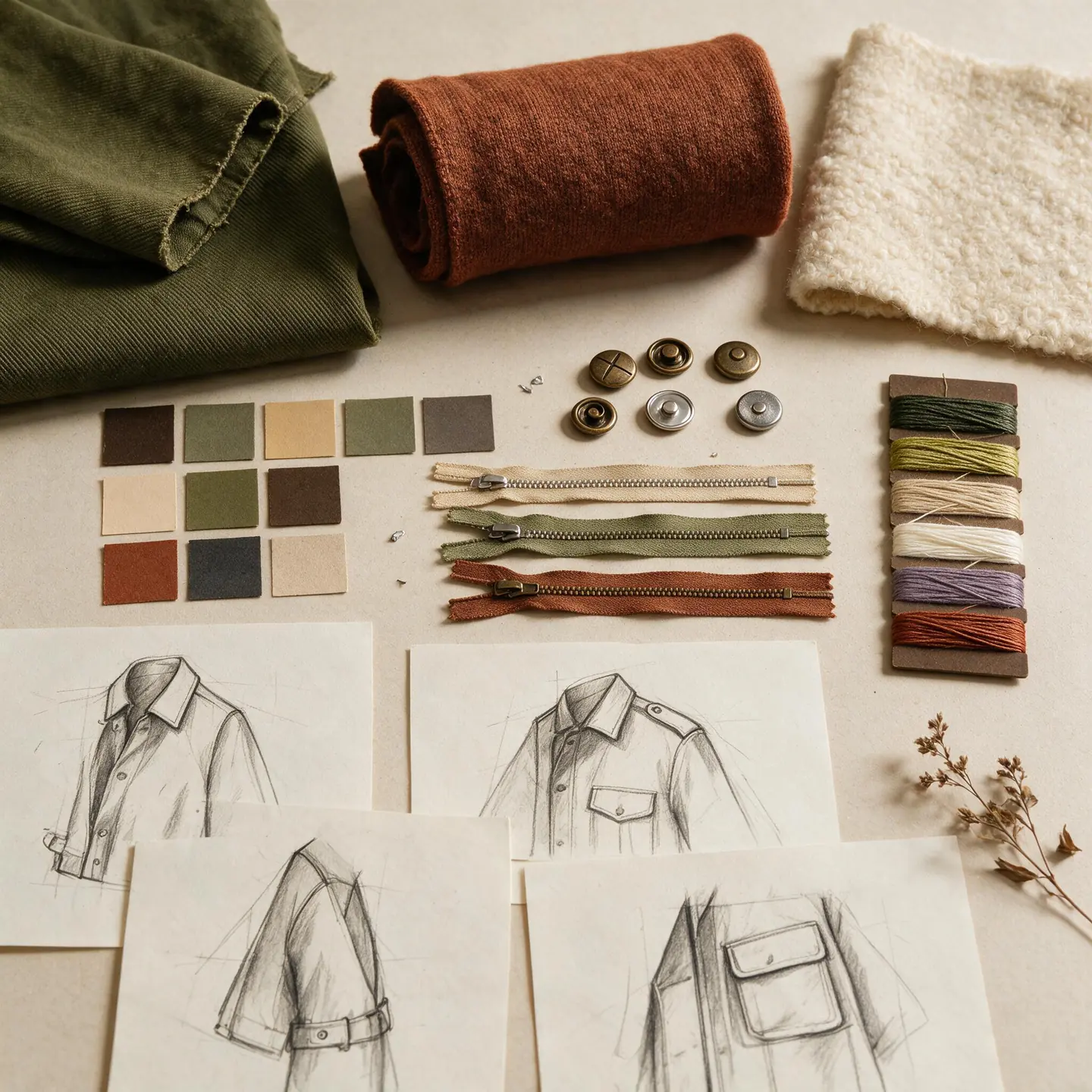 Autumn apparel moodboard with olive fabric, rust knit, cream textile, zippers, snaps, threads and garment sketches
