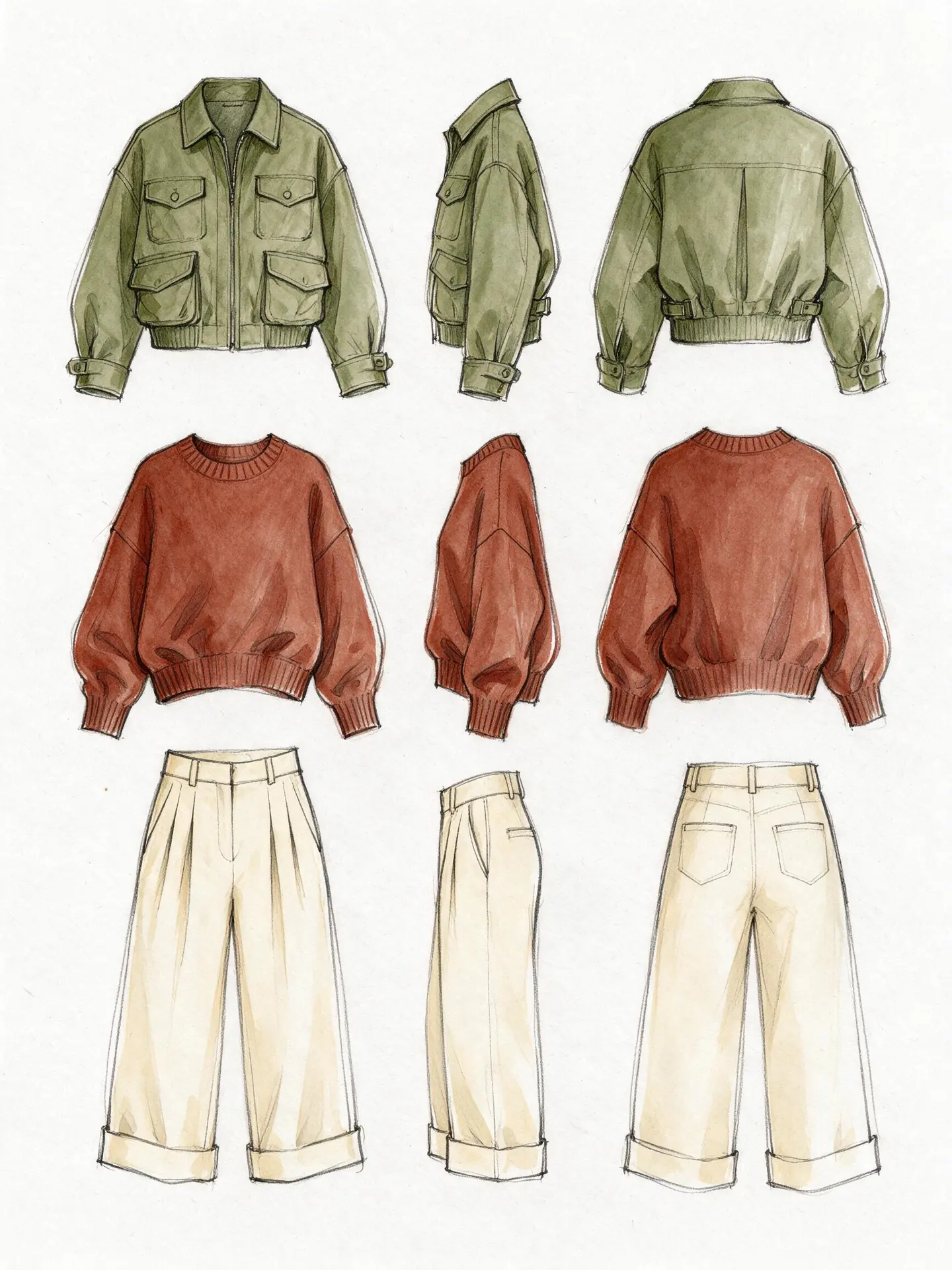 Hand-drawn front, side and back design views of an olive utility jacket, rust knit sweater and cream wide-leg trousers