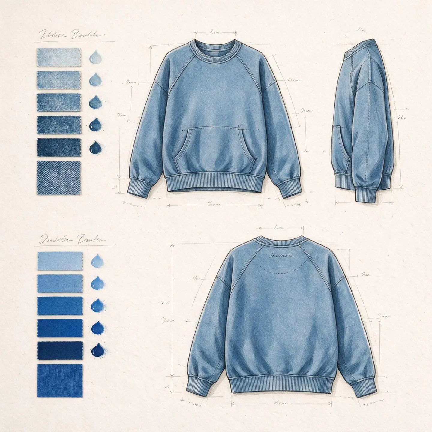 Hand-drawn apparel design approval board comparing pigment and reactive dye directions