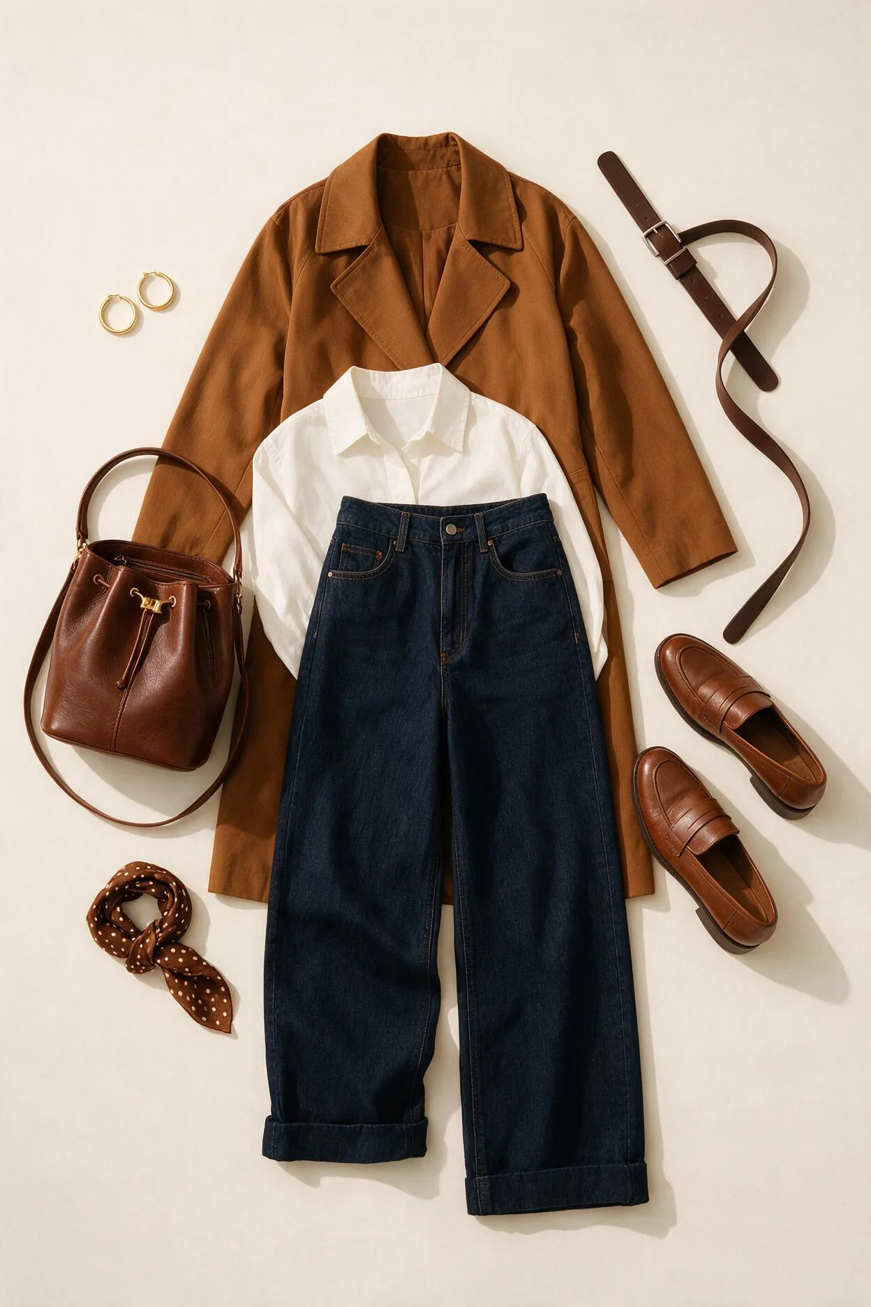 Flat lay of an autumn outfit with a caramel coat, white shirt, indigo jeans and brown accessories