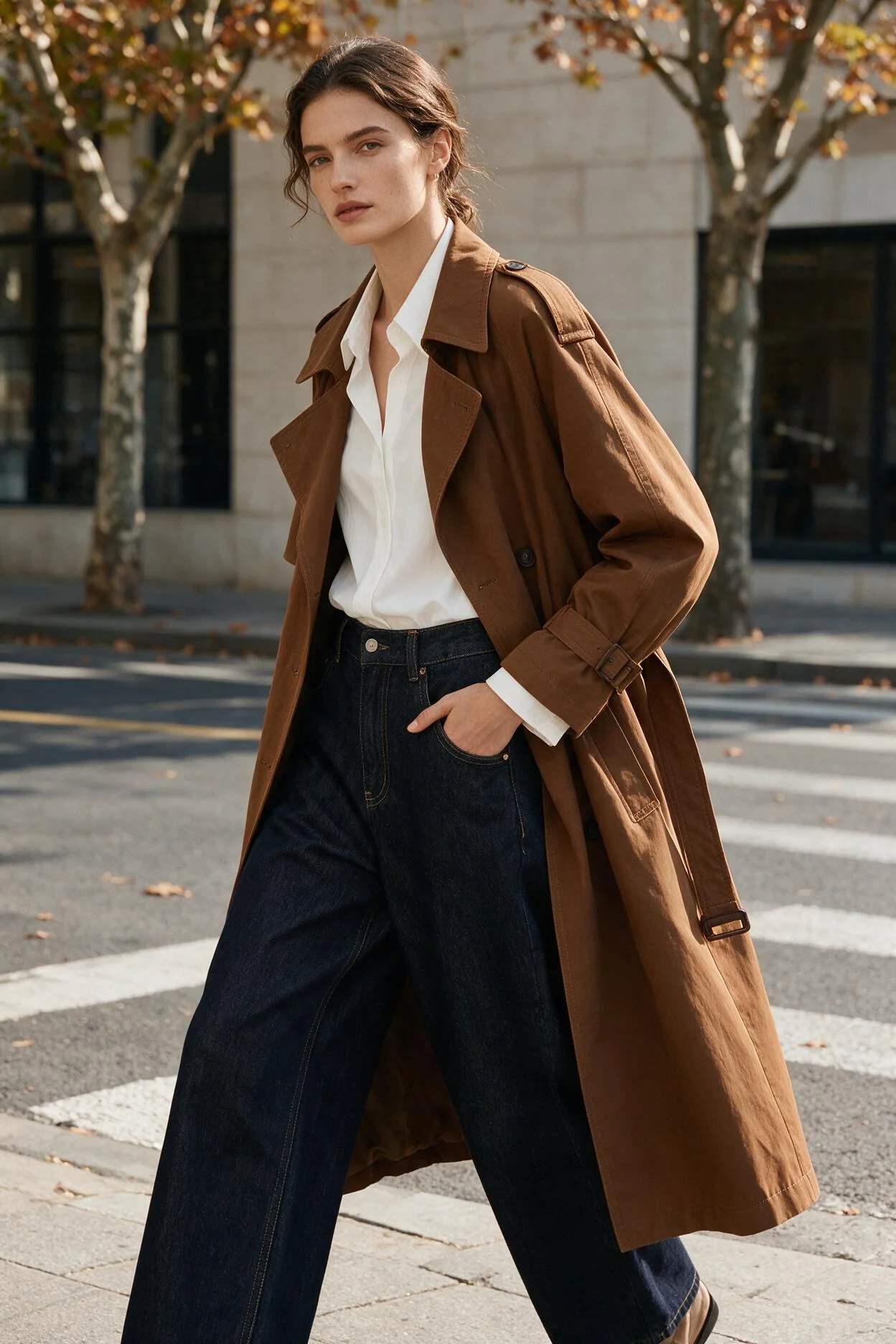 Autumn outfit concept with a caramel trench coat, white shirt and dark indigo wide-leg jeans