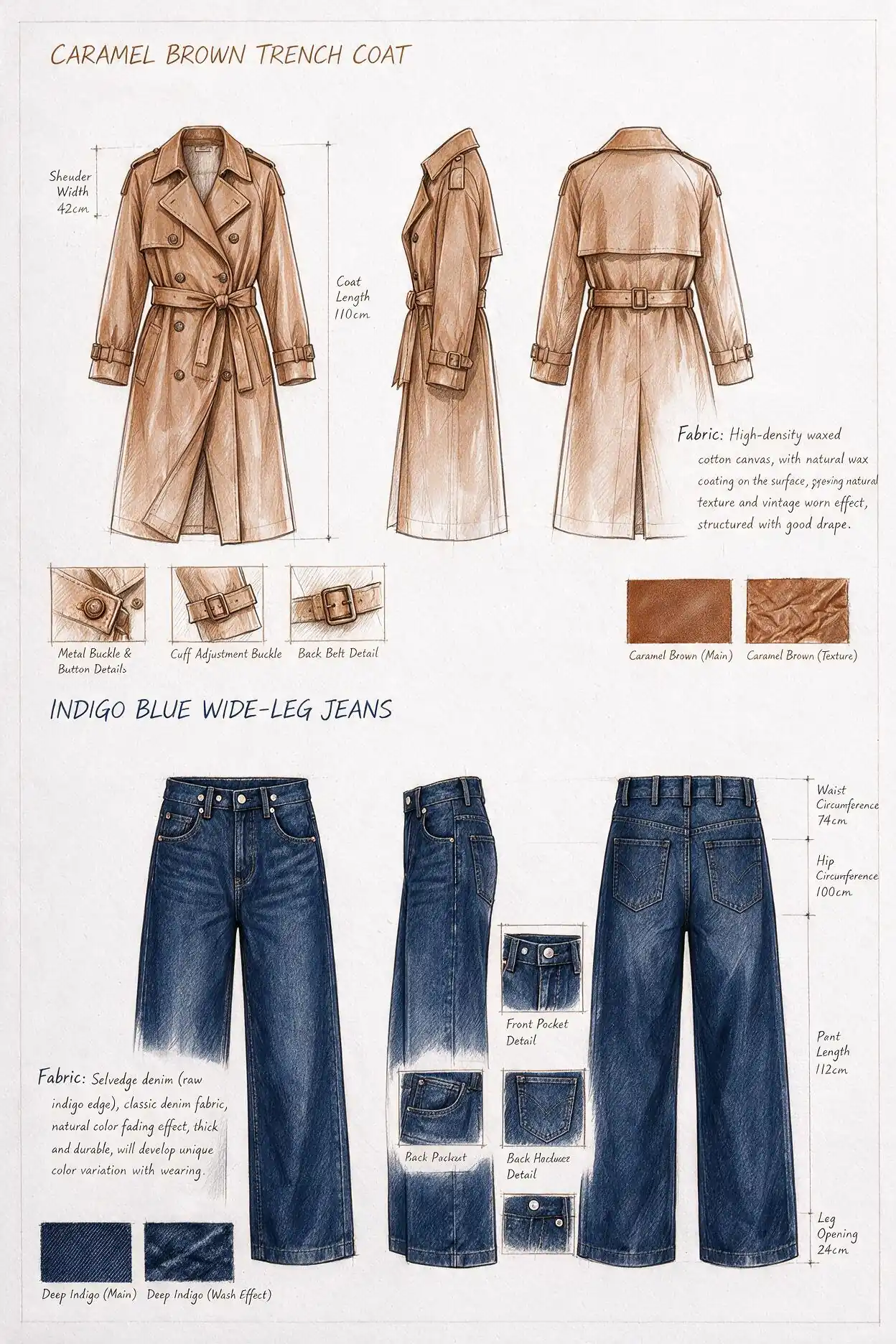 Hand-drawn concept board showing front, side and back views of a caramel trench coat and indigo wide-leg jeans