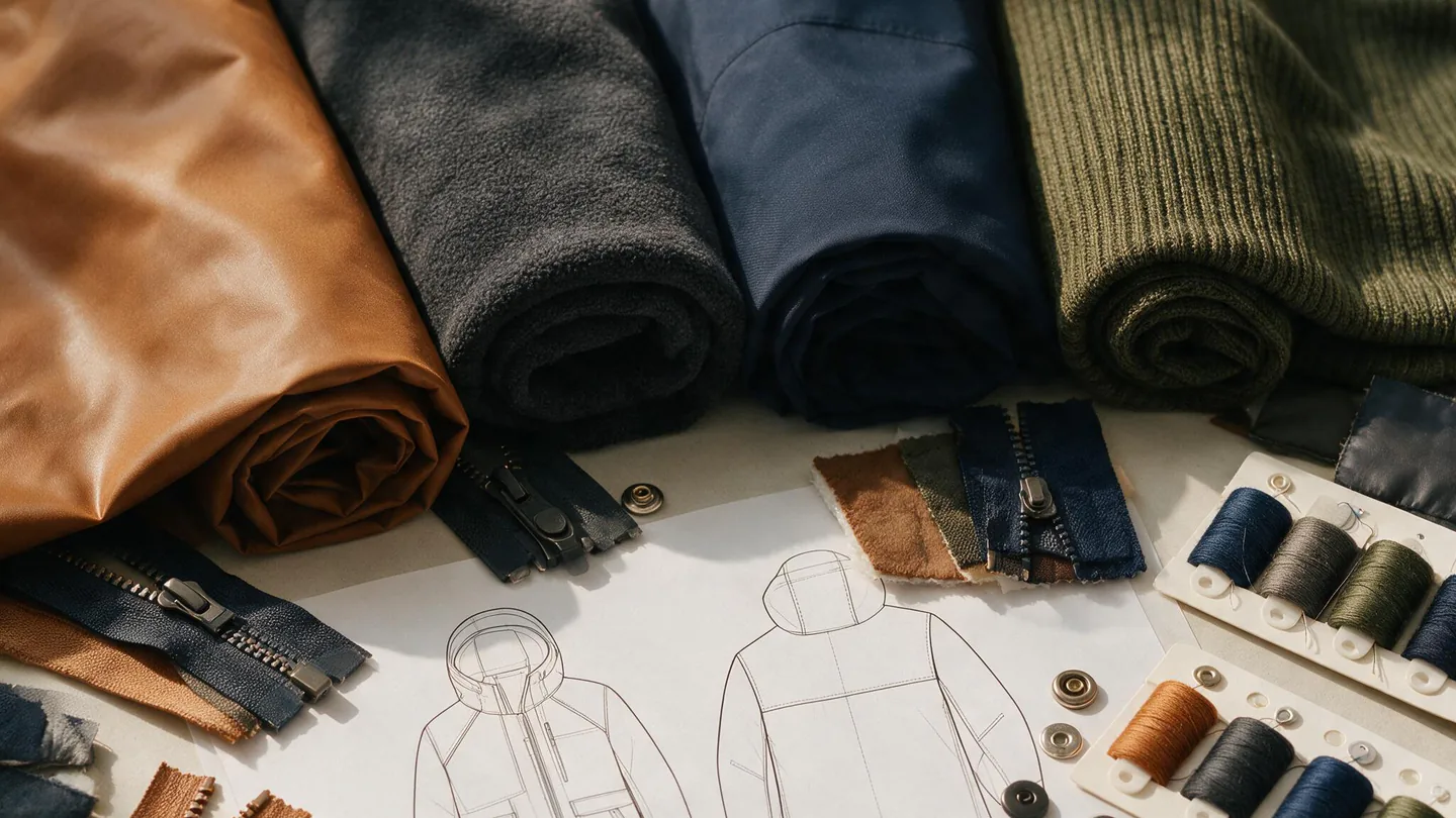 Planche de développement automne-hiver avec tissus, croquis de vestes, fournitures et échantillons d’isolants