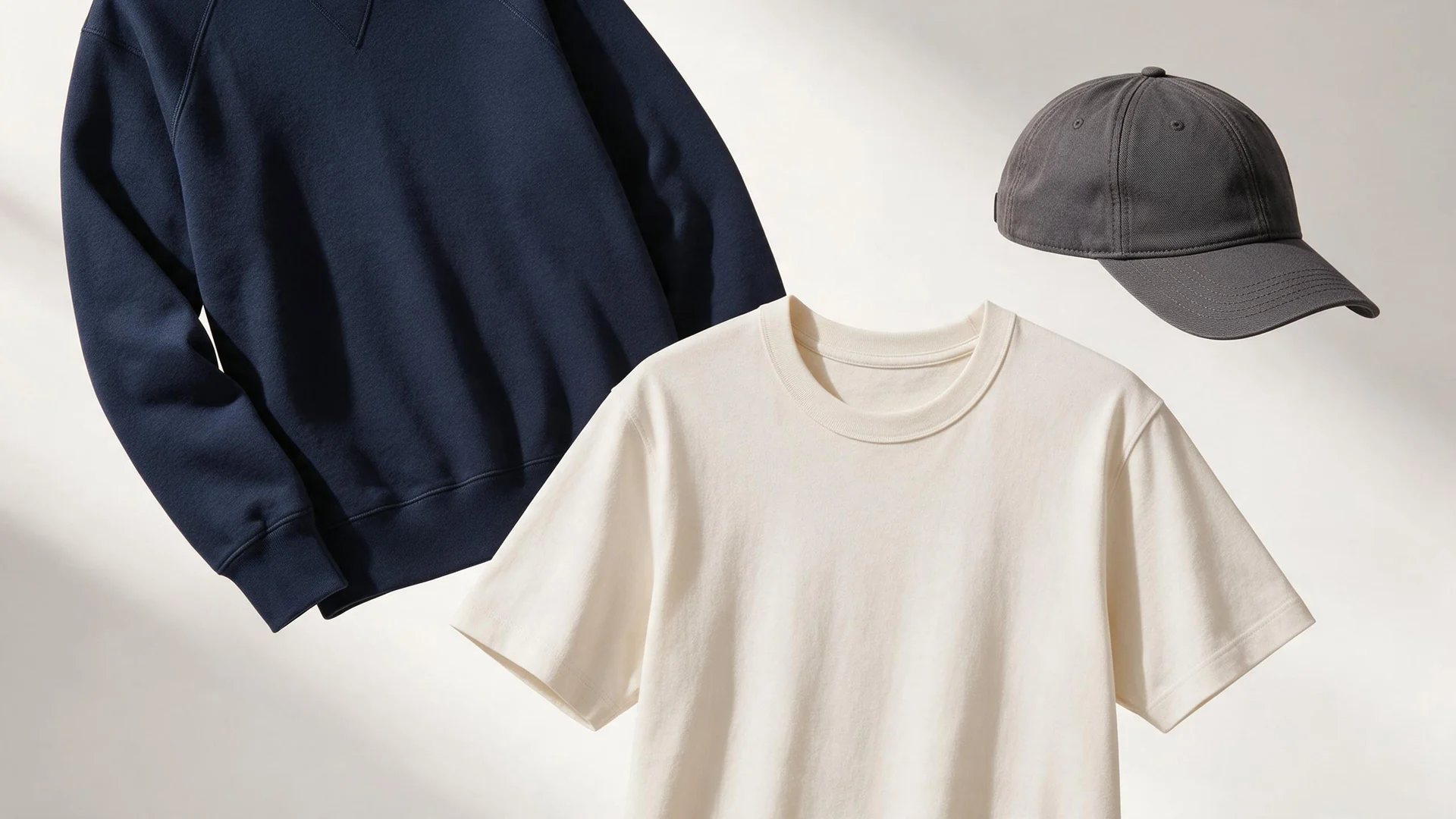 Navy sweatshirt, ivory T-shirt and charcoal cap