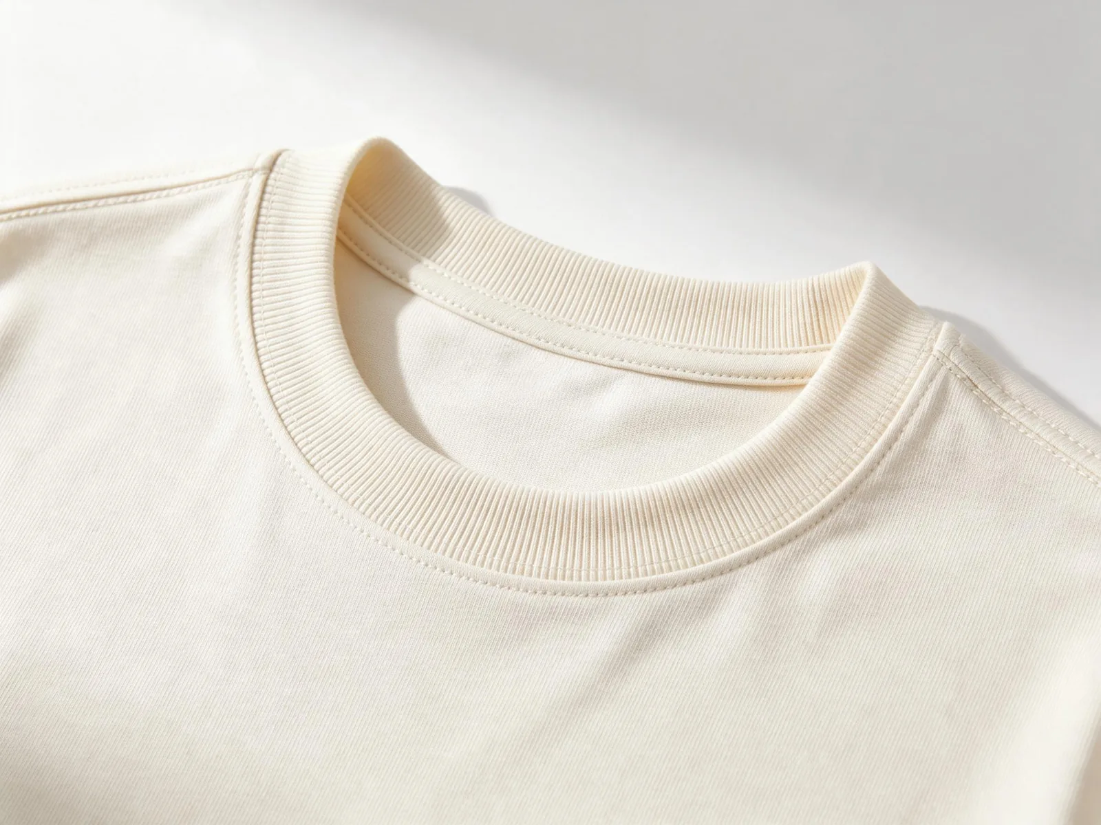 AI design concept showing an ivory T-shirt neck rib and shoulder finish