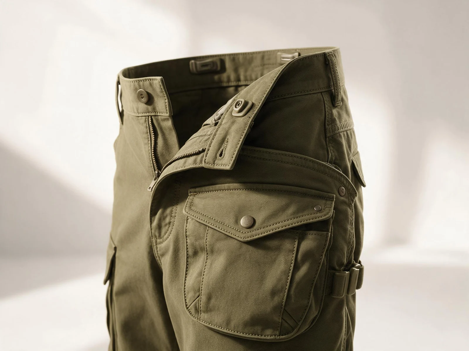 AI design concept showing olive cargo-pant pockets and waistband details