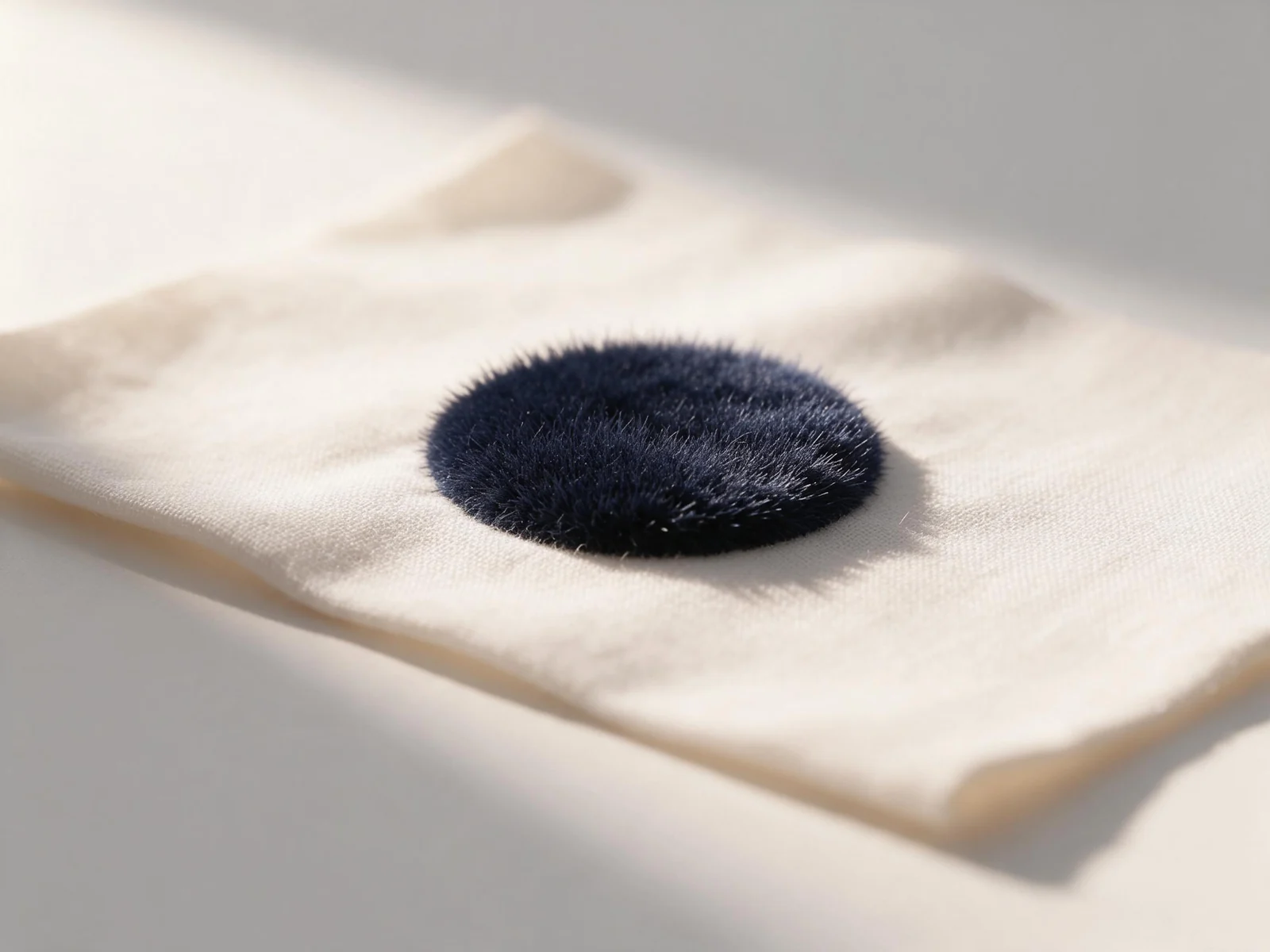 navy circular flock print on ivory textile
