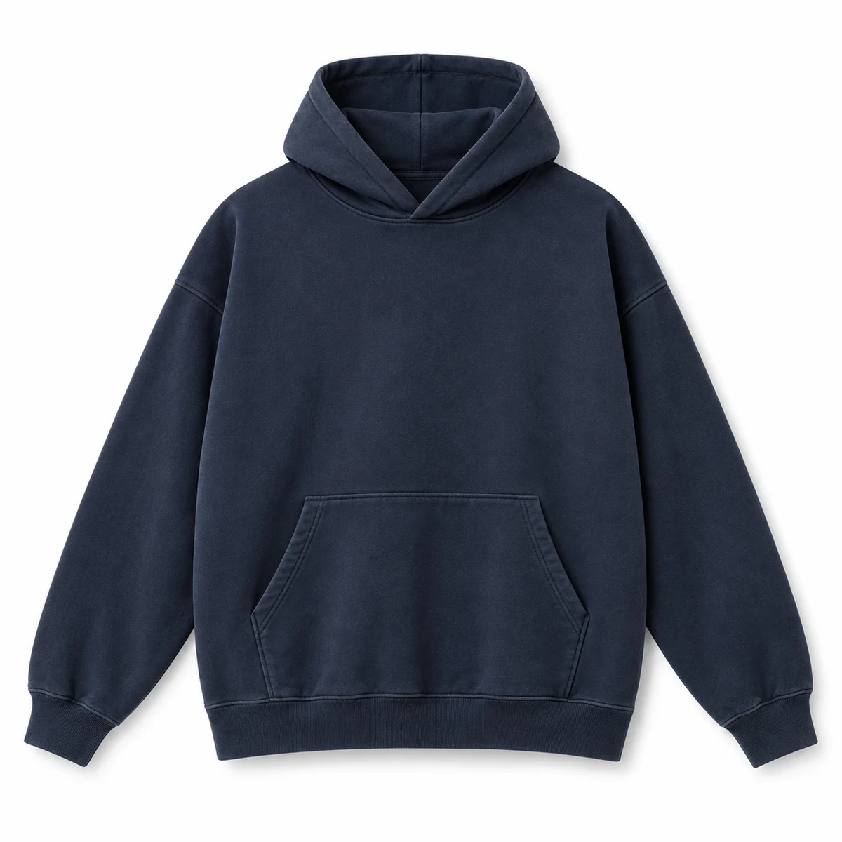 AI-generated deep navy pullover hoodie concept with a hood without drawstrings, a blank chest, kangaroo pocket and ribbed cuffs and hem.
