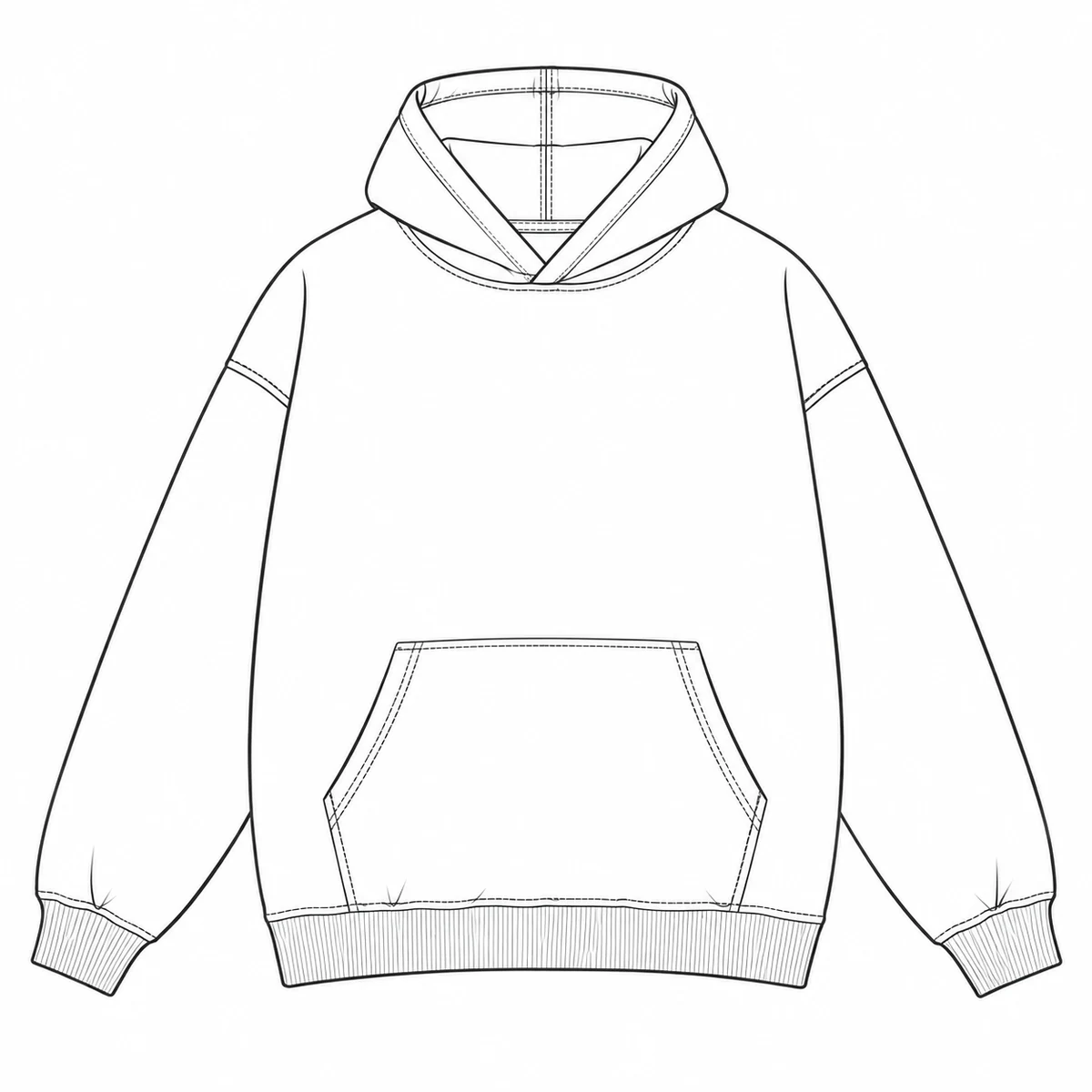 Front-view pullover hoodie design sketch showing a hood without drawstrings, a blank chest, kangaroo pocket and ribbed cuffs and hem.