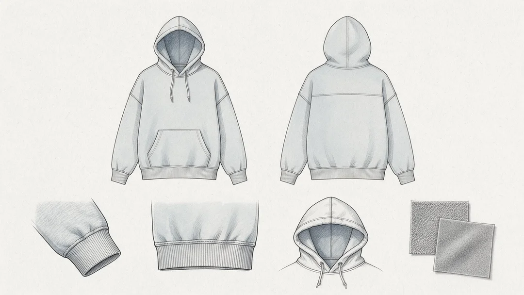 Front and back hoodie flat sketches with rib, cuff and hood details and two fabric swatches.