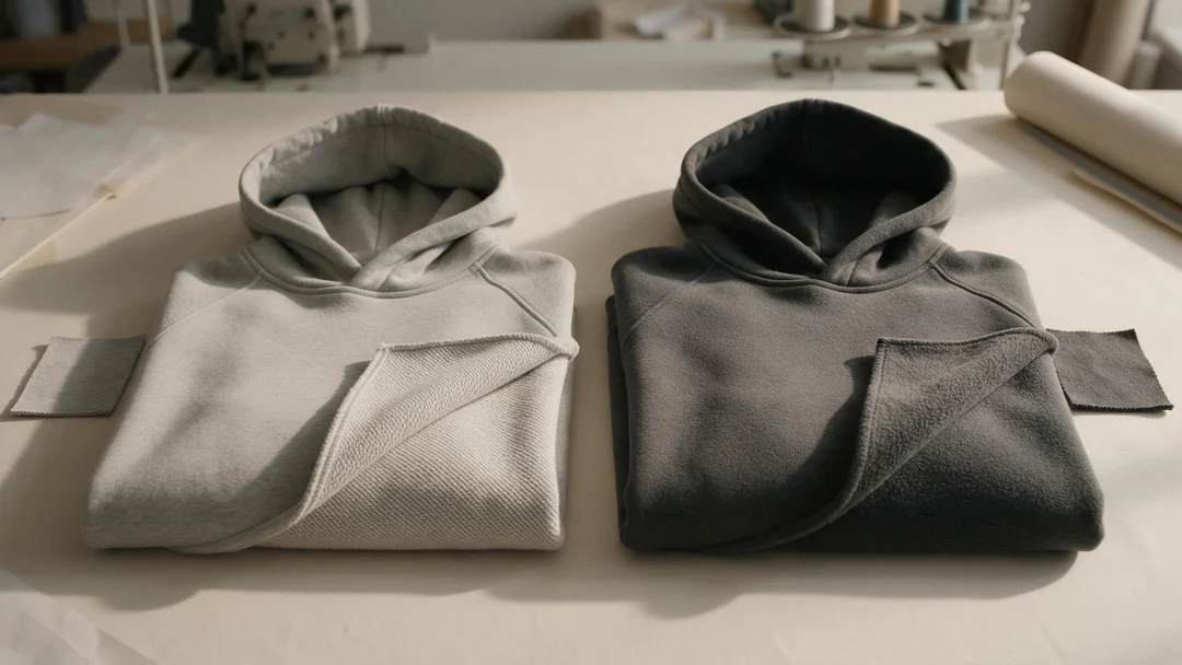 Two folded neutral-colour hoodies with inner fabric surfaces turned out, presented as a material-selection concept.