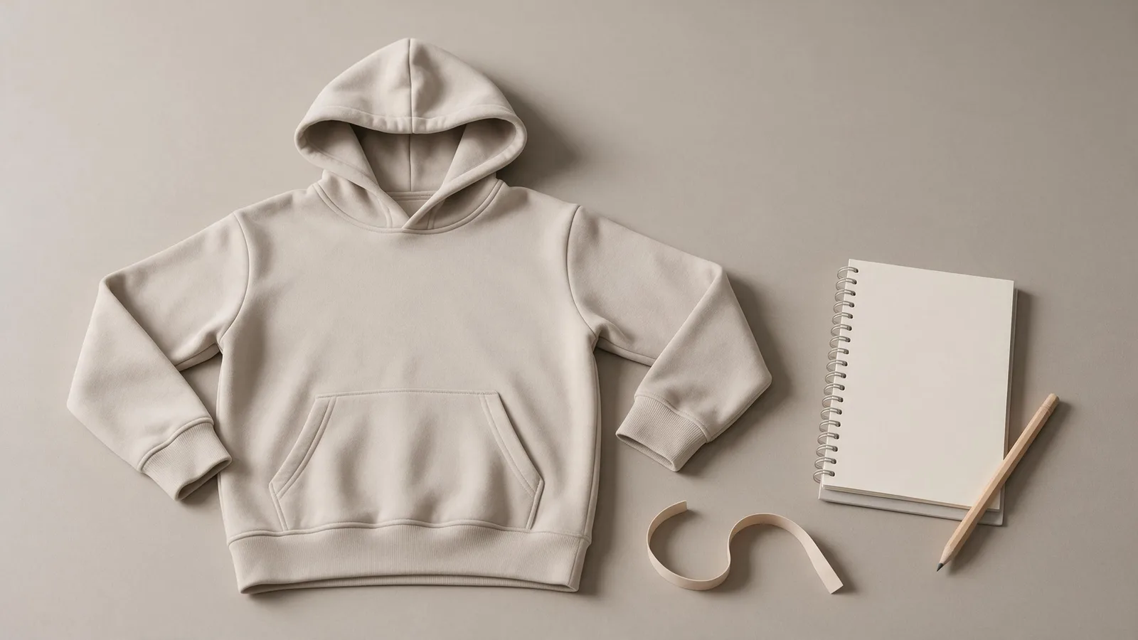 Oatmeal hoodie laid flat beside a blank notebook and pencil.