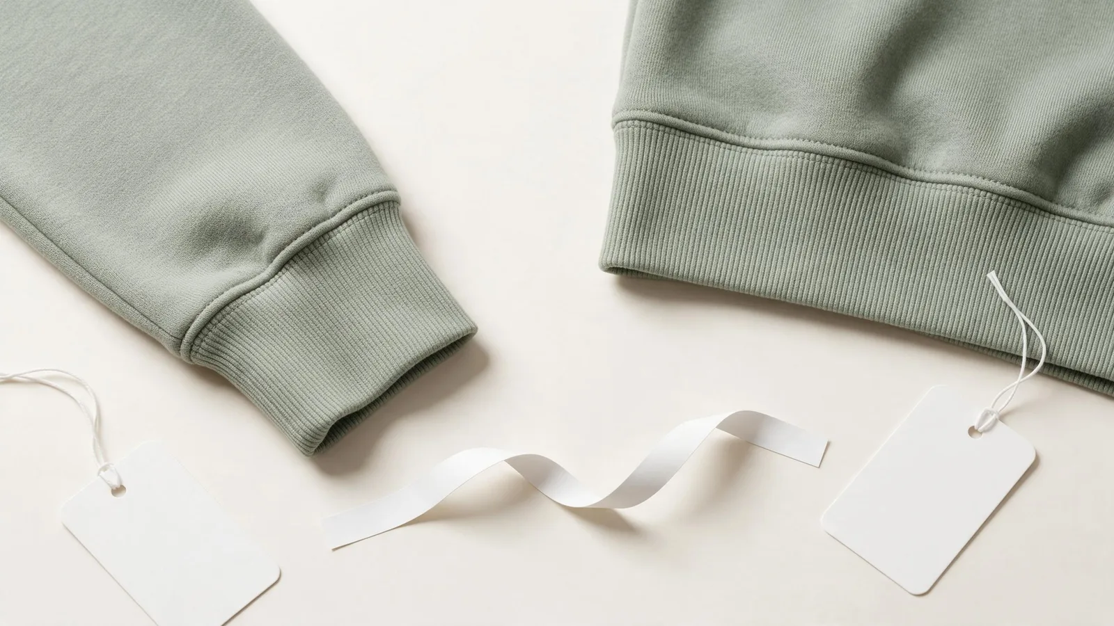 Pale green hoodie rib cuffs and a rib hem beside blank tags.