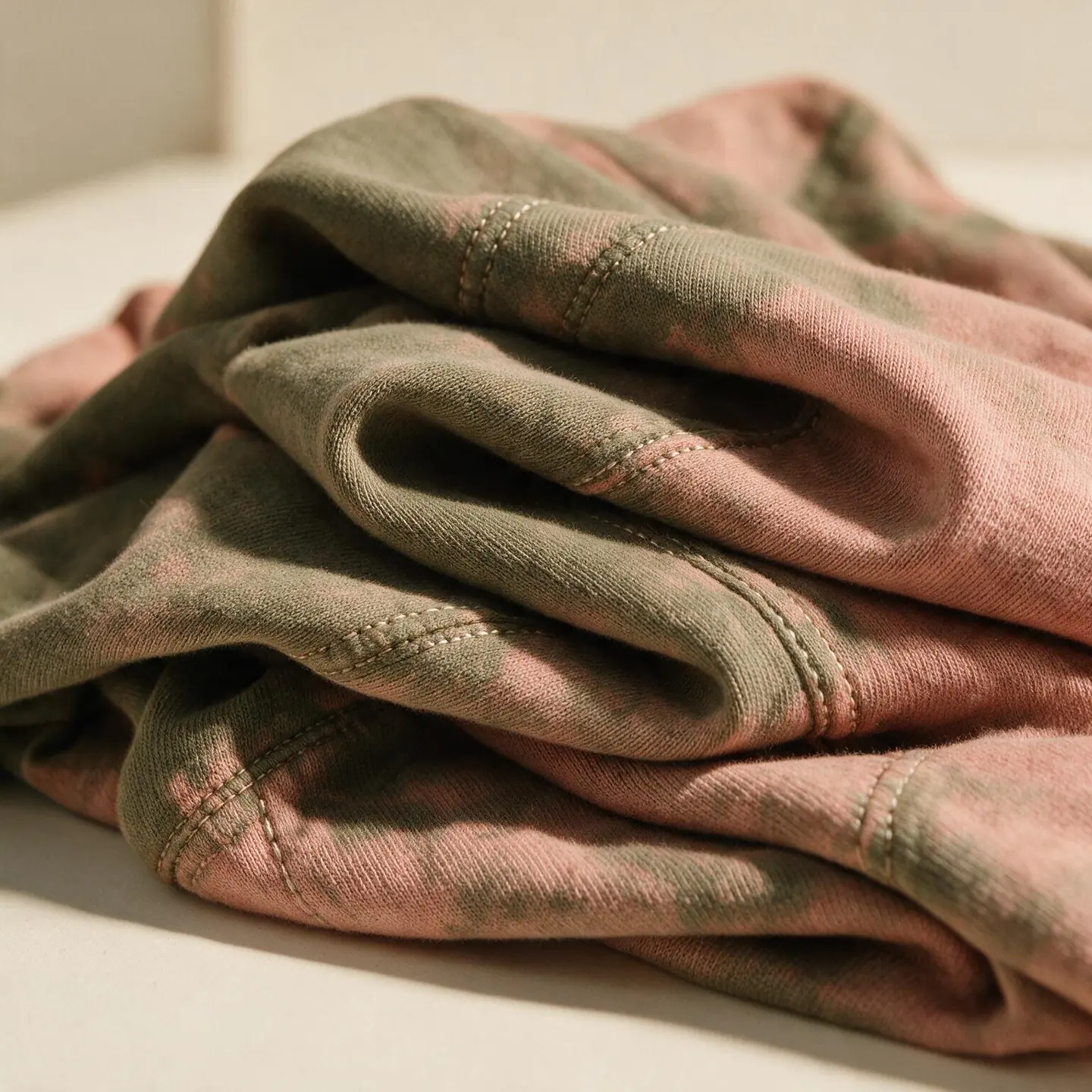 Close-up of pigment-dyed cotton fabric with faded surface variation and seam highs