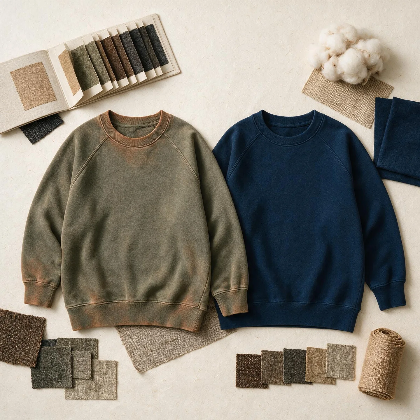 Flat-lay design board comparing pigment-dyed and reactive-dyed cotton sweatshirts