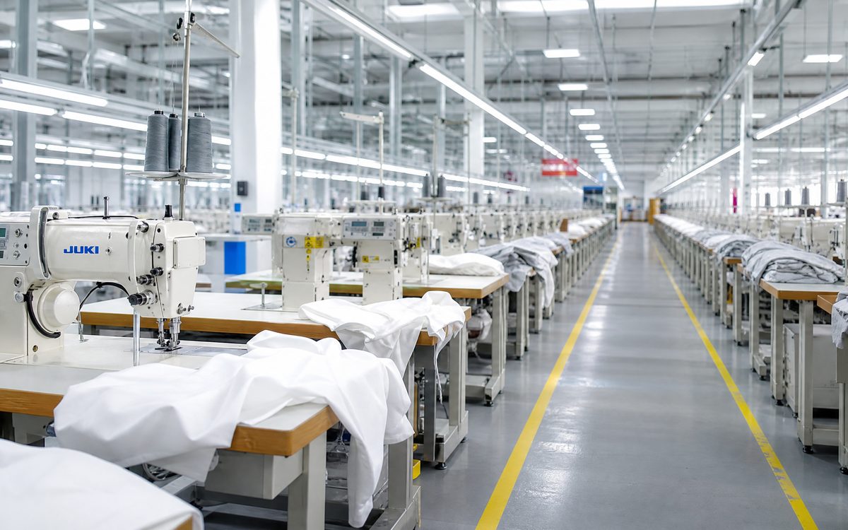 Sewing floor with operators stitching garments on industrial machines