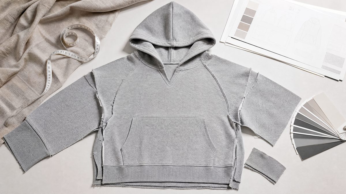 Sweat à capuche en production, avec mètre ruban, fiche technique et nuancier