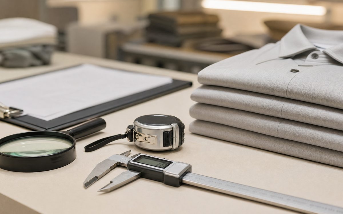 QC and packing table with garments being measured and inspected