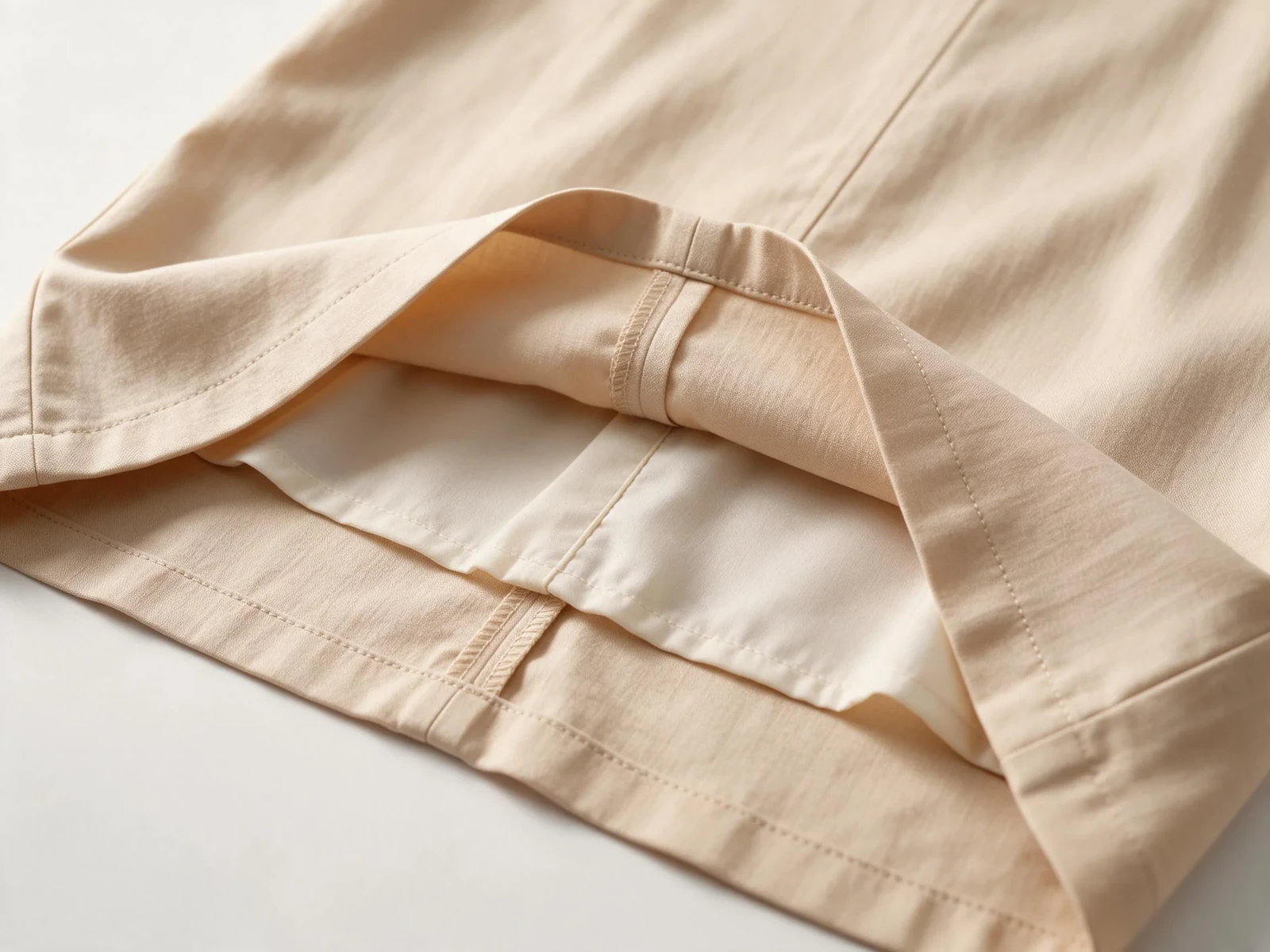 AI design concept showing a warm beige dress hem, lining and seam finish