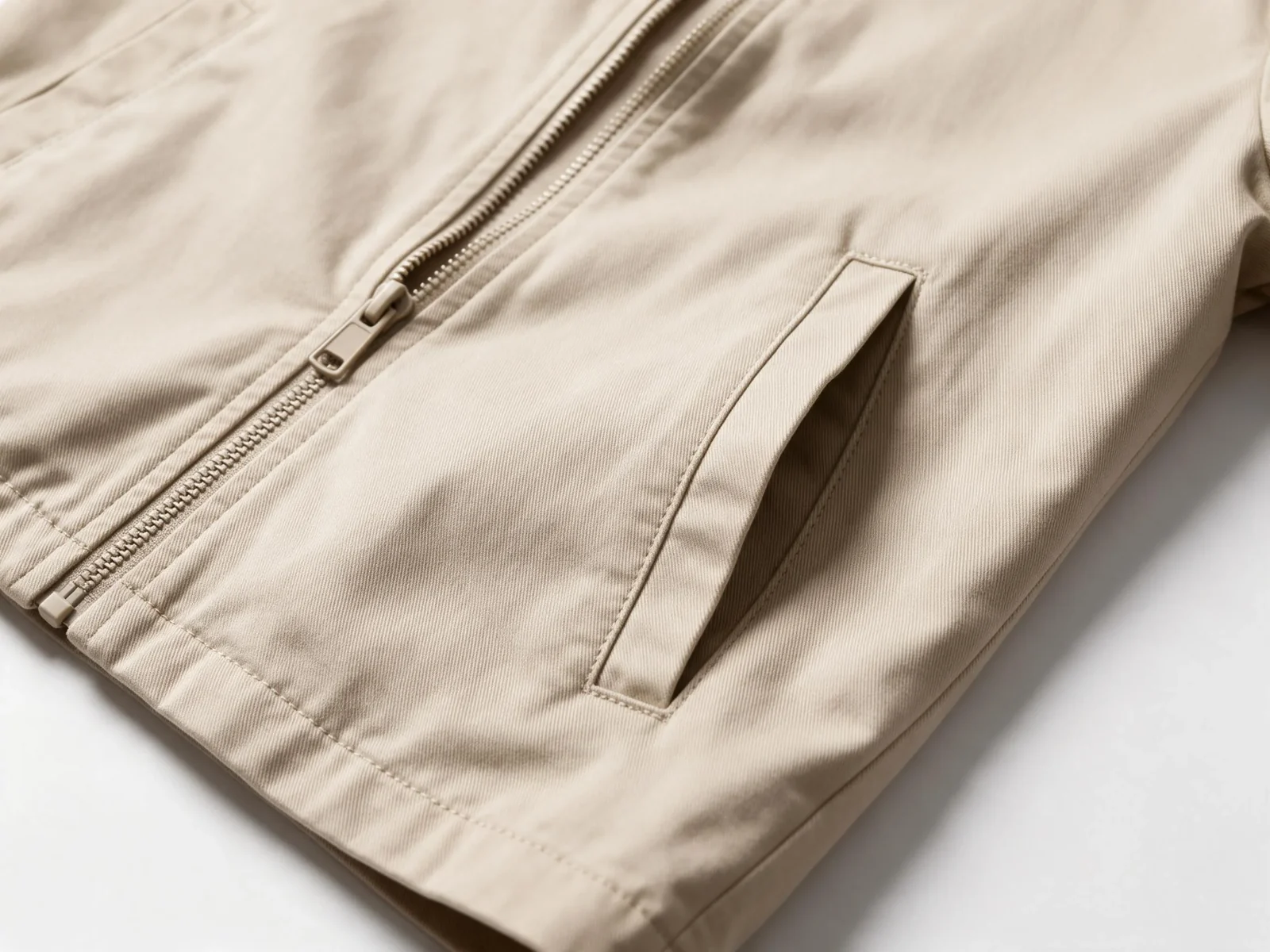 AI design concept of a sand jacket zipper, pocket opening and visible stitching