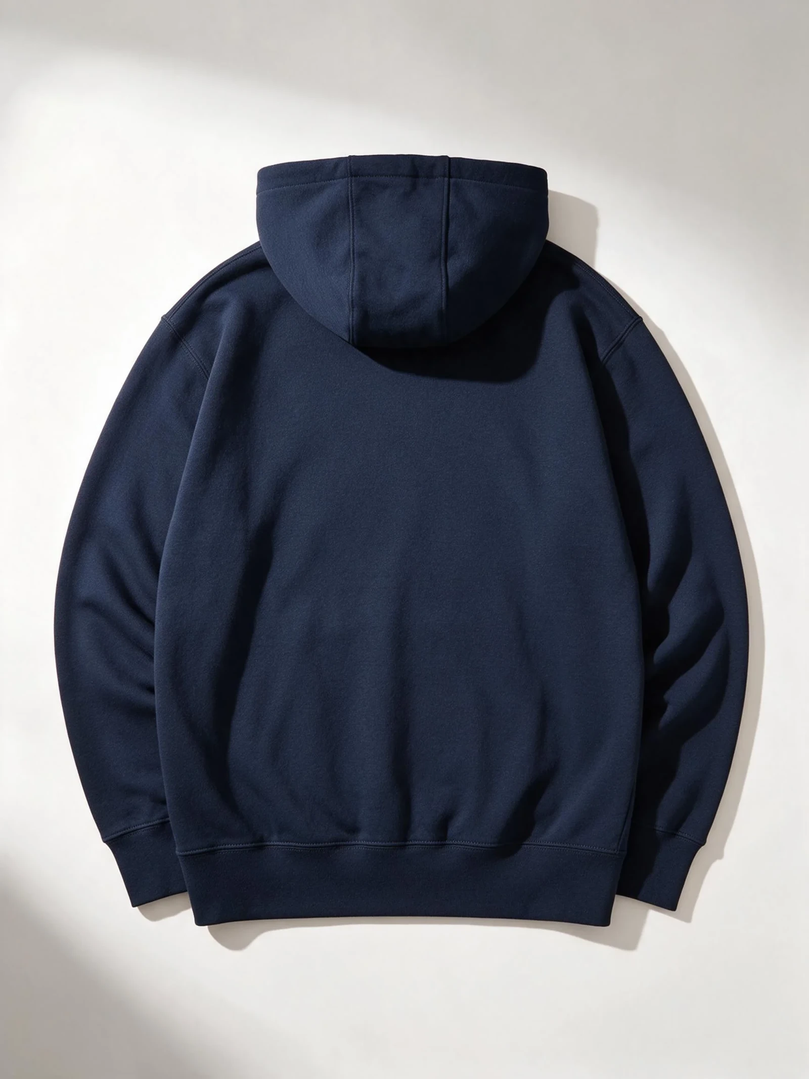 AI design concept of a navy pullover hoodie viewed from the back with its hood visible