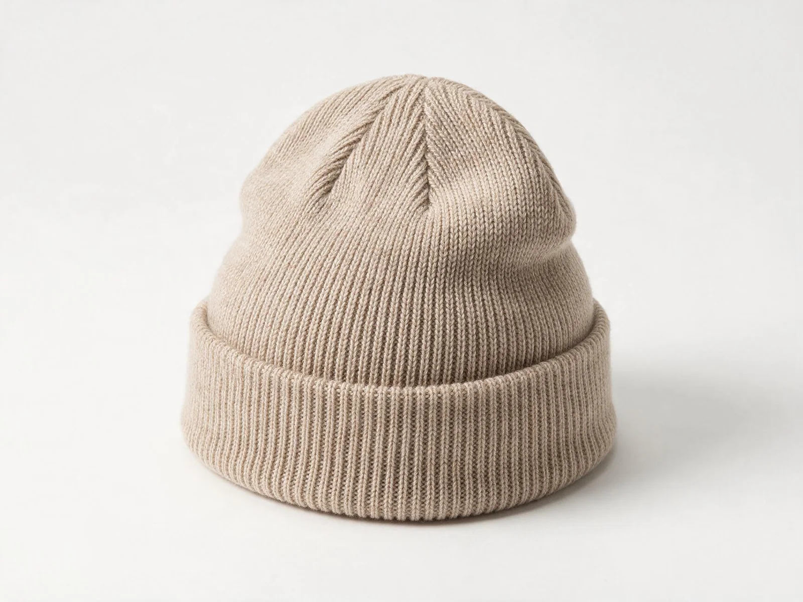 AI design concept of an oatmeal rib-knit beanie with a folded cuff.