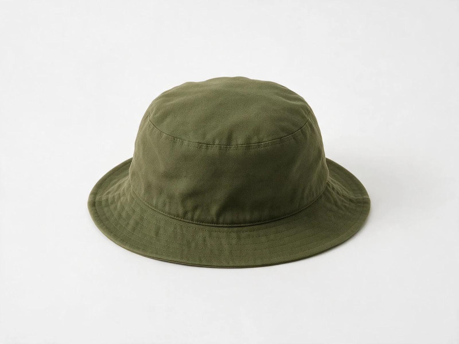 AI design concept of an olive bucket hat with a soft crown and all-around brim.