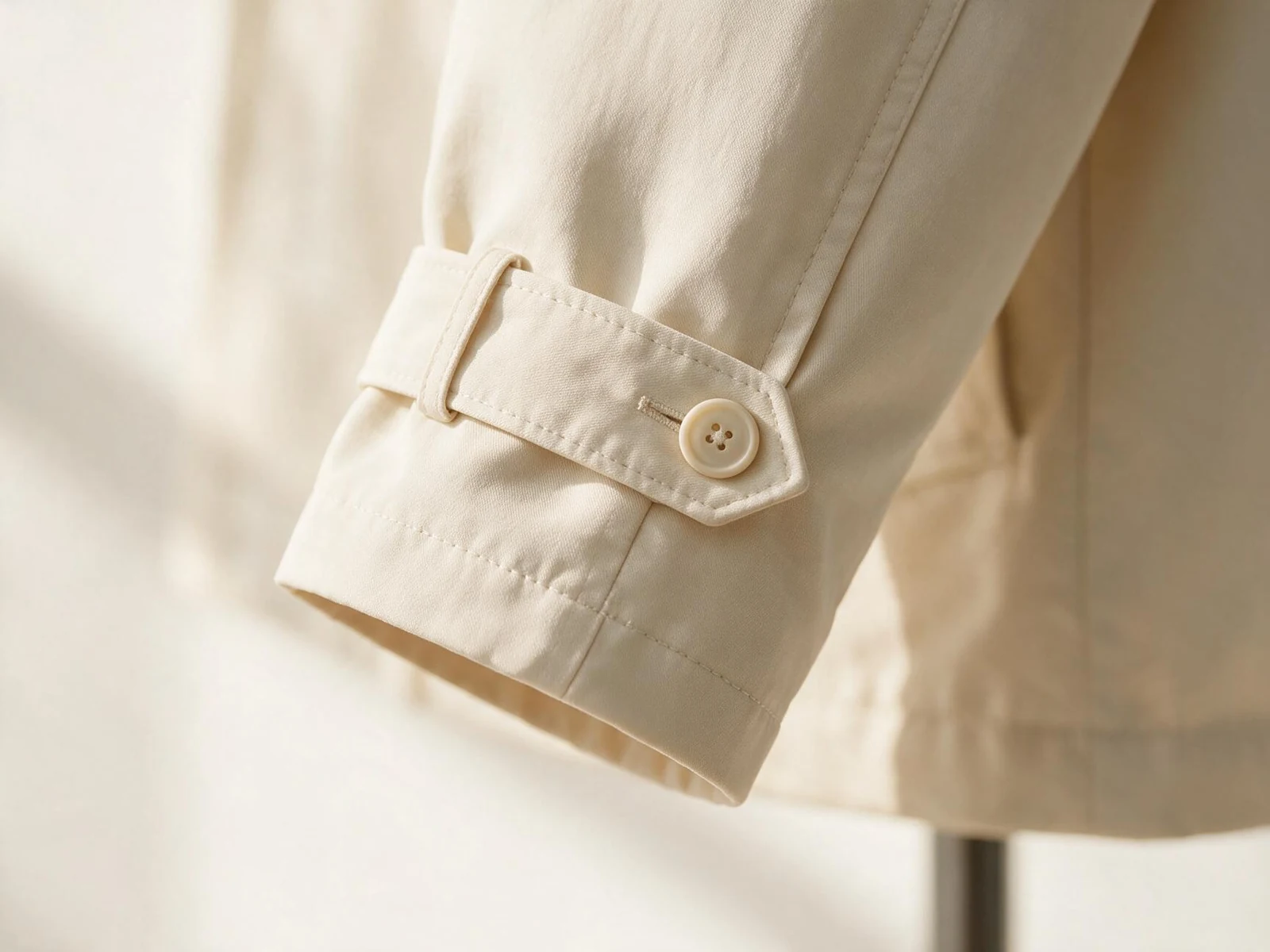 AI design concept showing a beige jacket sleeve with a buttoned cuff tab.