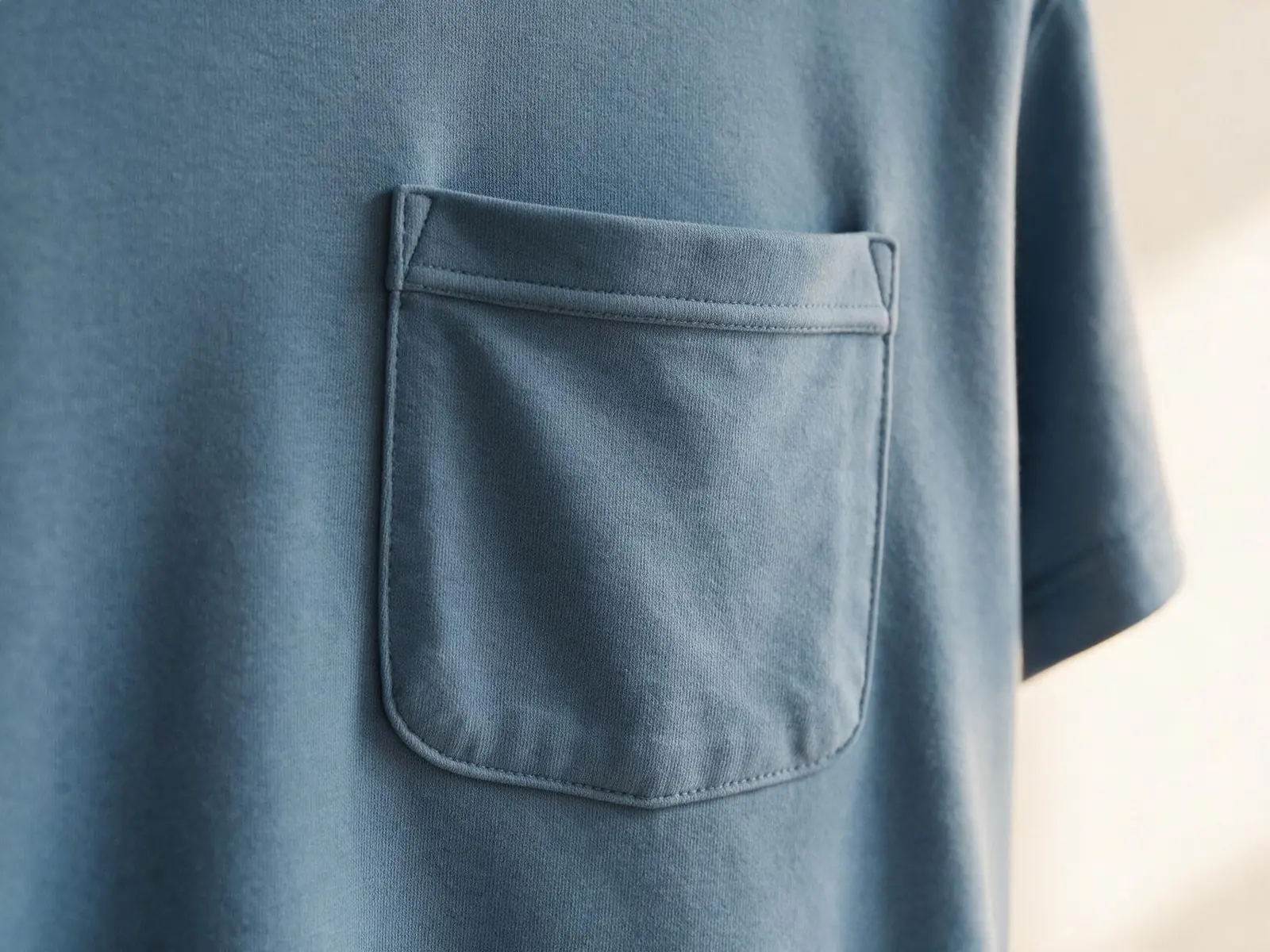 AI design concept showing a blue-grey T-shirt chest pocket with a stitched opening and rounded lower corners.