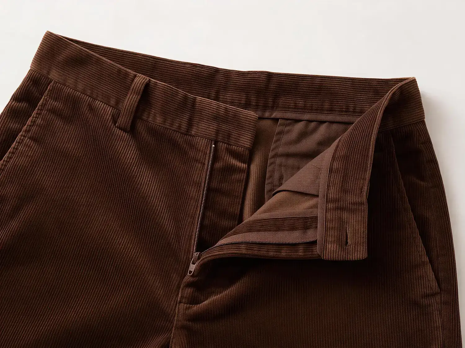 AI design concept showing the zipper and inner facing of a corduroy trouser fly