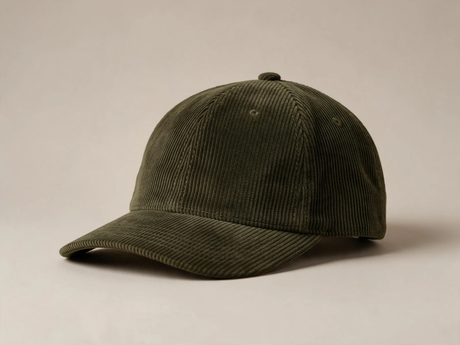 AI design concept olive green corduroy baseball cap, side-front view with a curved brim and visible panel seams