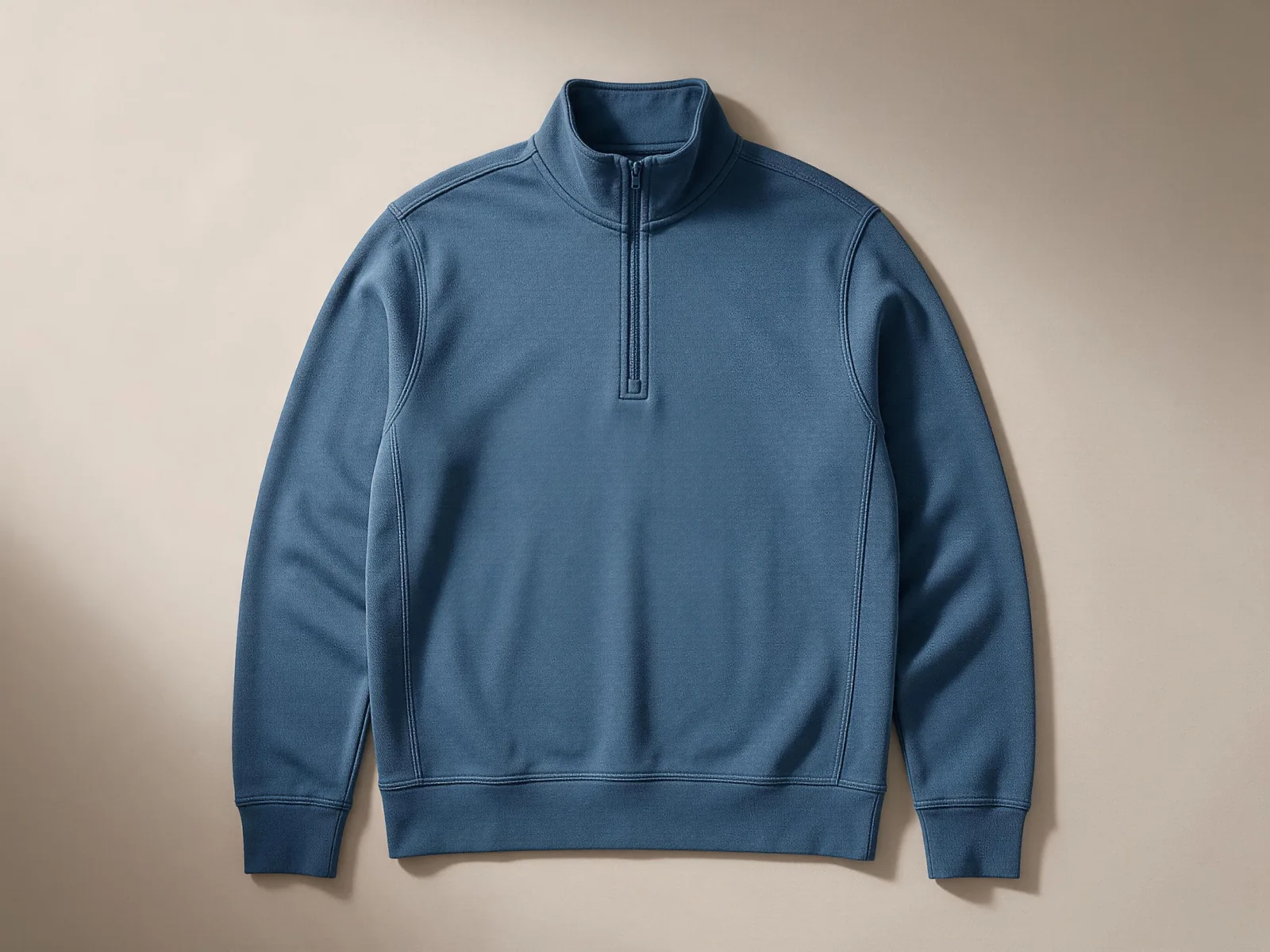 AI design concept smoke blue half-zip sweatshirt, front flat view with stand collar, long sleeves, and ribbed hem