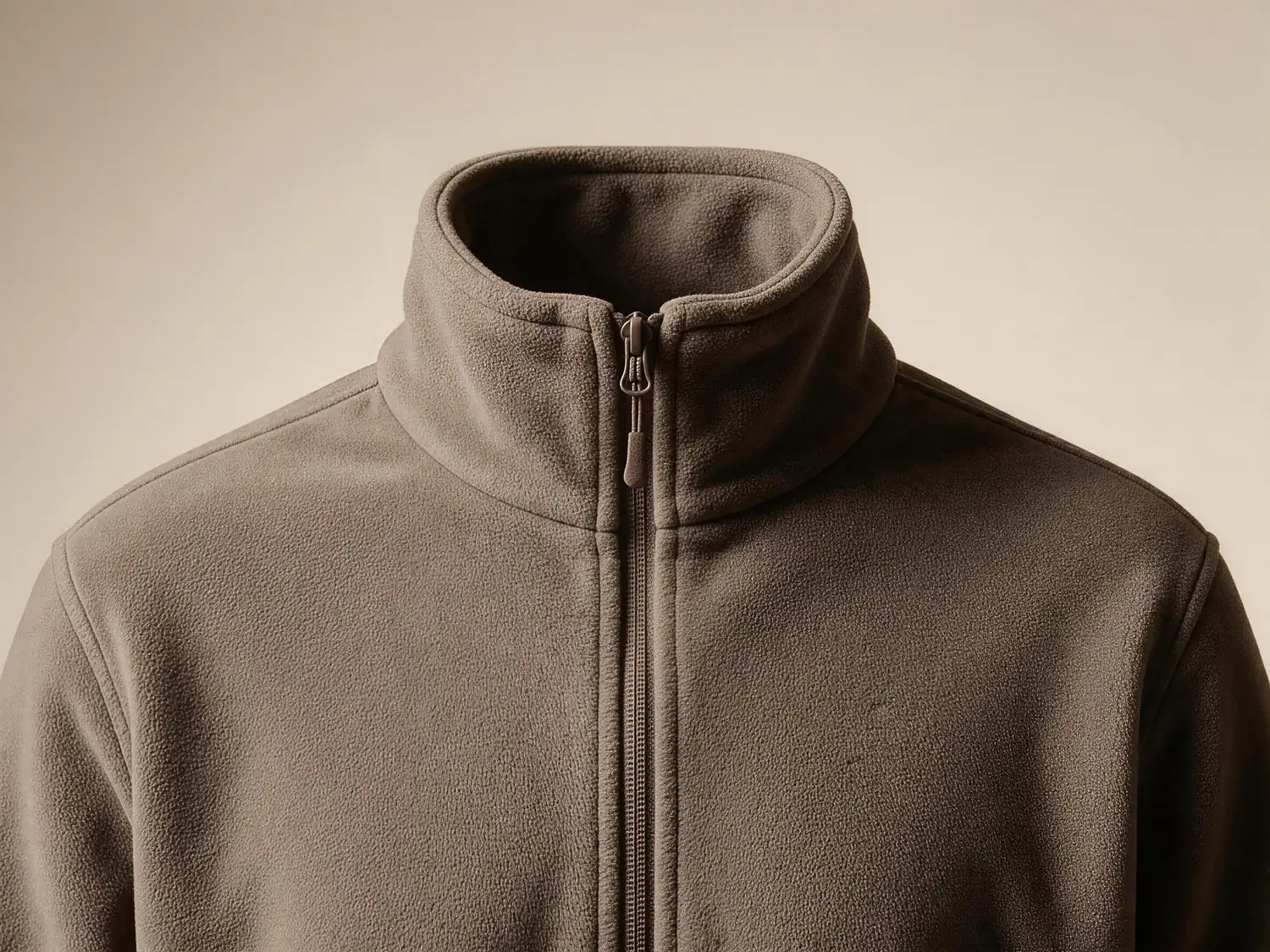 AI design concept grey-brown fleece jacket upper chest with stand collar and centered zip, shown as an independent design reference