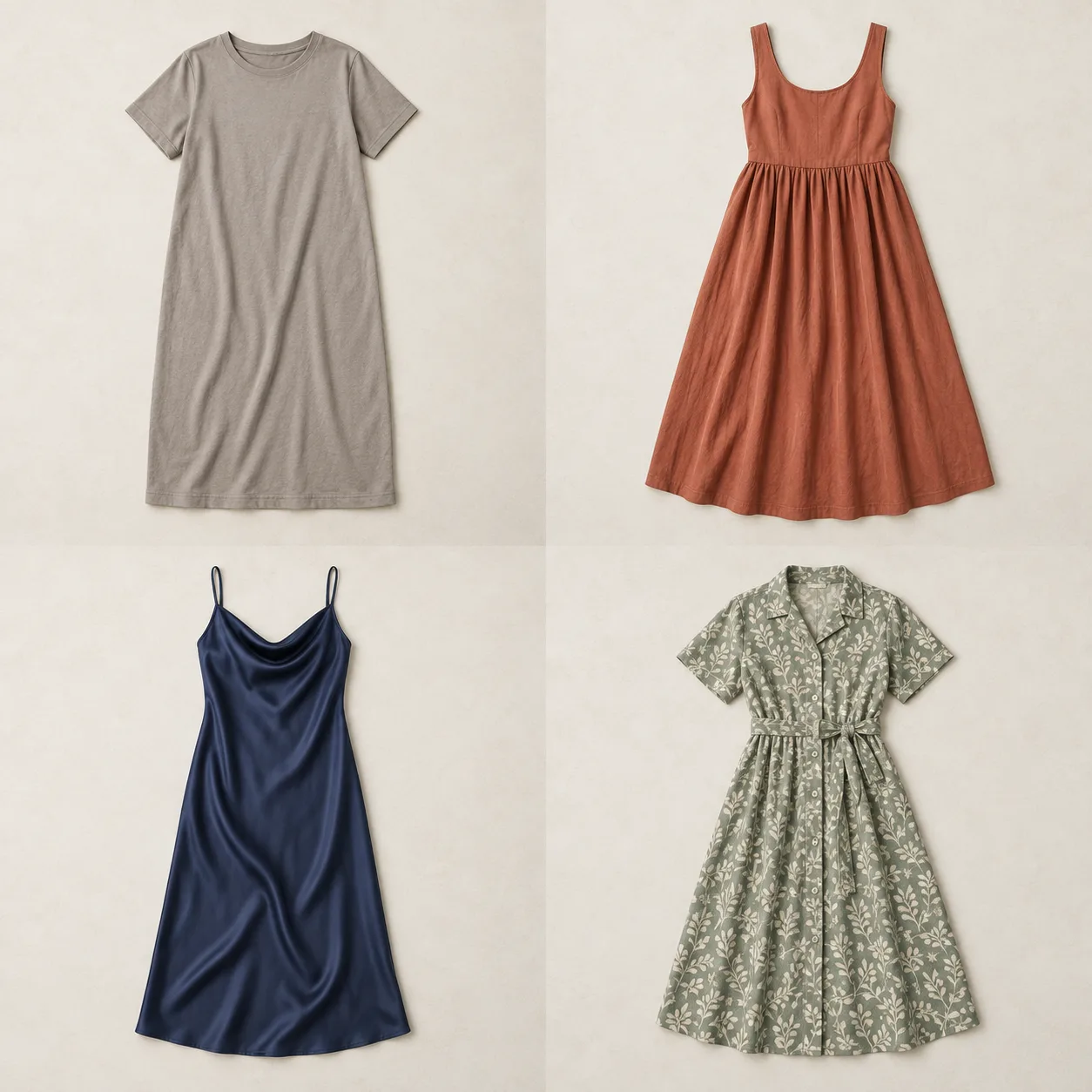 Cuatro propuestas de diseño de vestidos, panel de conceptos generado con IA
