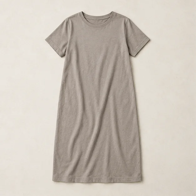 Vestido tipo camiseta de manga corta en jersey gris cálido, concepto de diseño con IA