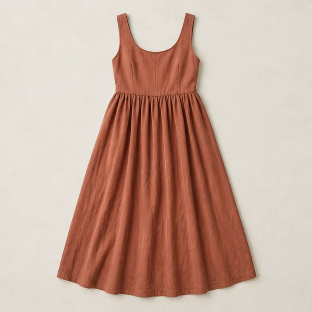Vestido midi fruncido sin mangas en terracota, concepto de diseño con IA