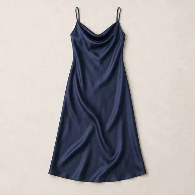 Vestido midi de satén con cuello caído en azul marino, concepto de diseño con IA